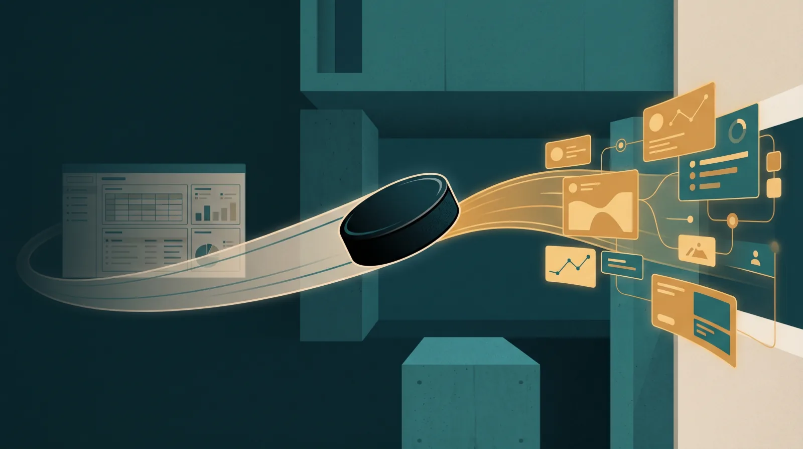 A hockey puck mid-motion against an architectural background, with one fading trail pointing back at a flat dashboard wireframe and a brighter forward trail leading to floating, agent-generated interface cards — illustrating the move from static CRM screens to generative UI.