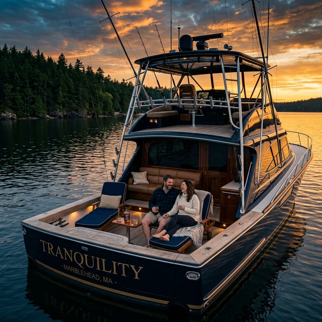 Luxury sportfishing yacht at anchor in calm coastal water at golden hour — the kind of freedom and security a properly-structured roofing-company exit can fund.