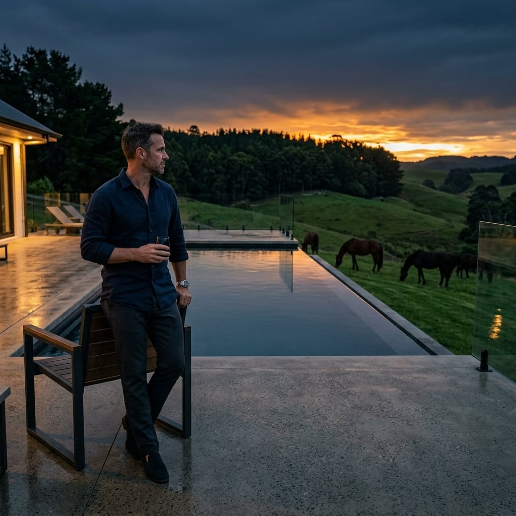 Aerial view of a private estate with a pool, manicured grounds, and open pasture beyond — the quiet-acreage lifestyle a properly-structured platform exit can secure for an operator and their family.